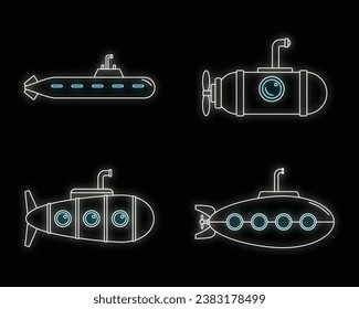 Iconos del telescopio submarino Periscope. Ilustración de esquema de 4 iconos vectoriales del telescopio submarino periscopio color de neón sobre negro