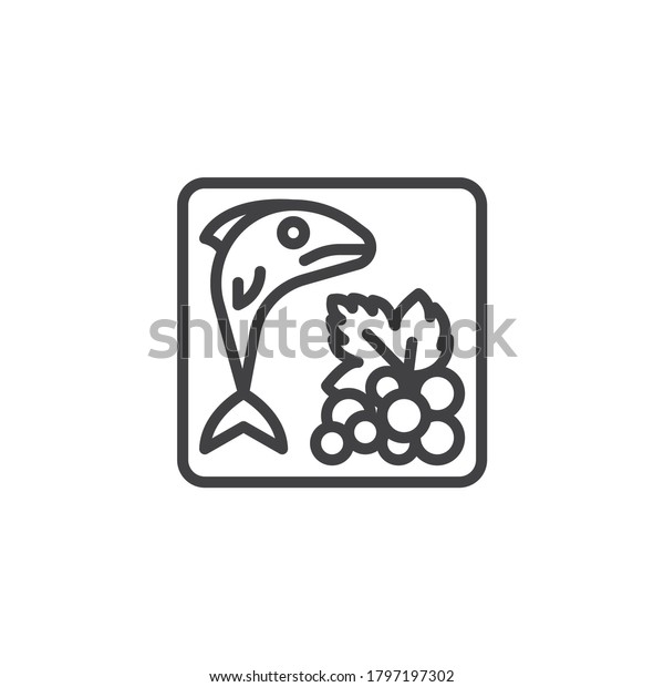 Perishable\
goods, packaging sign line icon. linear style sign for mobile\
concept and web design. Fish and grapes outline vector icon.\
Symbol, logo illustration. Vector\
graphics