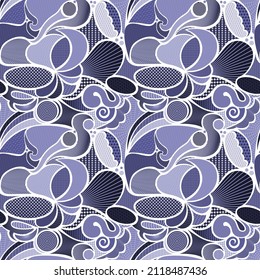 Periwinkle colors. Pantone color veri peri. Flowy shapes with dots, lines and geometric patterns. Seamless repeating pattern. 