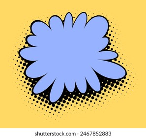 Eine Perwinkle-Blume platzt im Pop-Art-Stil, hervorgehoben durch krasse schwarze Umrisse und ein kontrastierendes Halbtonmuster, vor einem sonnigen gelben Hintergrund.