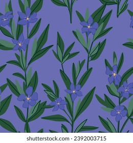 Periwinkle plants seamless pattern. Vector ornament of Vinca minor flowers. Botanical design in cartoon style.
