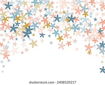 Periwinkle primitive flowers vector illustration. Little meadow blossom shapes scattered. Women's Day ornament. Ditsy flowers Periwinkle rustic blossom. Stripy petals.