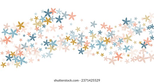 Ilustración del vector de flores simples de periwinkle. Elementos suaves de floración de campo dispersos. Ornamento de la tarjeta de cumpleaños. Flores de moda Florencia estilizada de época. Pétalos rayados.