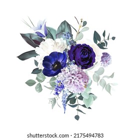 Periwinkle violet anemone, dark purple rose, dusty mauve and lilac hyacinth, allium, white peony, bellflower, eucalyptus vector design bouquet.Stylish wedding flower.Elements are isolated and editable