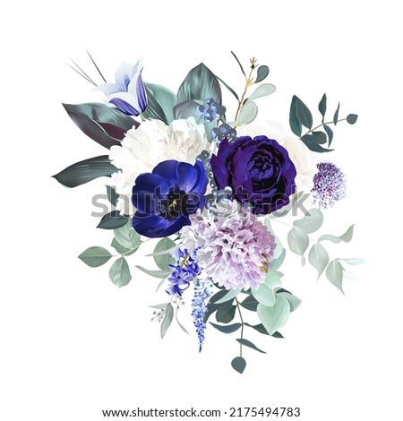 Periwinkle violet anemone, dark purple rose, dusty mauve and lilac hyacinth, allium, white peony, bellflower, eucalyptus vector design bouquet.Stylish wedding flower.Elements are isolated and editable