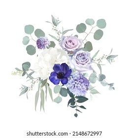 Periwinkle violet anemone, pale purple rose, dusty mauve and lilac hyacinth, allium, white hydrangea, eucalyptus vector design bouquet. Stylish wedding flowers. Elements are isolated and editable