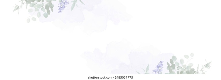 Anuncio Horizontal de diseño de Vector de eucalipto, lavanda lila y malva polvorienta de color violeta periwinkle. Guirnalda elegante de las flores de la boda. La acuarela pinta la textura púrpura. Todos los Elementos son aislados y editables