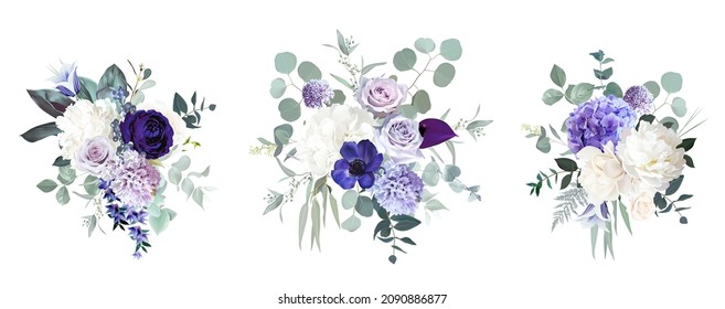 Periwinkle violet, purple anemone, dusty mauve and lilac rose, white hydrangea, hyacinth, magnolia, peony, eucalyptus vector design bouquets. Stylish wedding flowers.Elements are isolated and editable