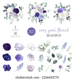 Periwinkle violet, purple anemone, dusty mauve and lilac rose, white hydrangea, hyacinth, magnolia, peony, eucalyptus big vector design set. Stylish wedding flowers. Elements are isolated and editable