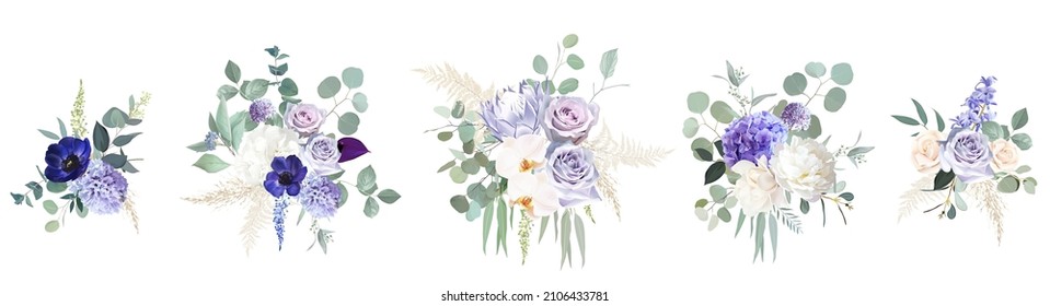 Periwinkle violet, purple anemone, dusty mauve and lilac rose, white hydrangea, hyacinth, magnolia, peony, eucalyptus vector design bouquets. Stylish wedding flowers.Elements are isolated and editable