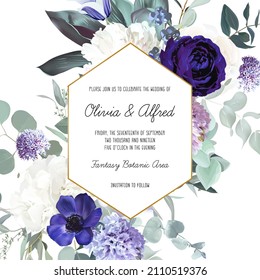 Periwinkle violet, purple anemone, dusty mauve and lilac rose, white hydrangea, hyacinth, peony, eucalyptus vector design frame. Stylish wedding flowers invitation. Elements are isolated and editable