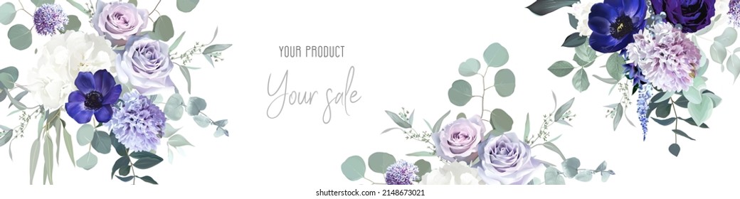 Periwinkle violet, purple anemone, dusty mauve and lilac rose, white hydrangea, hyacinth, peony, eucalyptus vector design frame. Stylish wedding flowers banner. Elements are isolated and editable