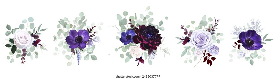 Immerwinklige violette, lila Anemone, staubige lila und lila Rose, dunkle Dahlie, Hyazinthe, Lavendel, Pfingstrose, Eukalyptus Vektorgrafik Design Sträuße. Stilvolle Hochzeitsblumen. Elemente können isoliert und bearbeitet werden