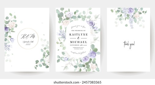 Periwinkle violet, purple bellflower, dusty mauve and lilac rose, hyacinth, wisteria, lavender, eucalyptus vector design frames. Stylish wedding flowers banners. Elements are isolated and editable