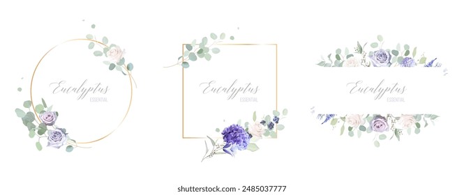 Periwinkle violet, purple hydrangea, dusty mauve and lilac rose, bellflower, hyacinth, lavender, eucalyptus vector design frames. Stylish wedding flowers banners. Elements are isolated and editable