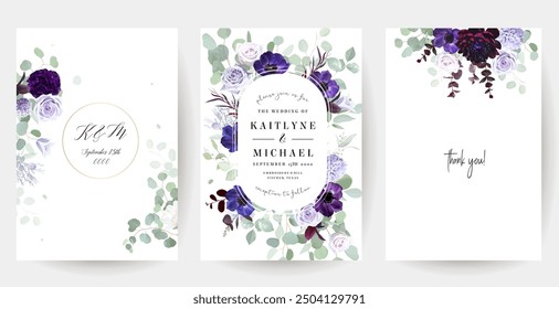 Periwinkle violet, purple hydrangea, dusty mauve, lilac rose, anemone, carnation, dahlia, hyacinth, lavender, eucalyptus vector design cards. Wedding flowers frames. Elements are isolated and editable