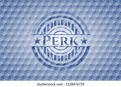 Perk blue emblem with geometric background.