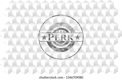 Perk grey badge with geometric cube white background