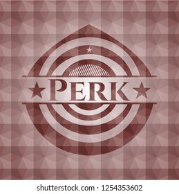 Perk red emblem or badge with geometric pattern background. Seamless.