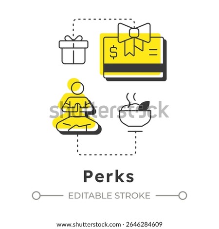 Perks modern linear concept icon. Payment benefits, salary. Meditation, relaxation. Wellness programs. Flat outline elements connected with dotted lines. Creative visual. Easy to edit