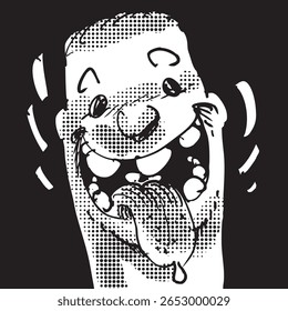 perky cartoon man shows his tongue to us, black and white vector illustration