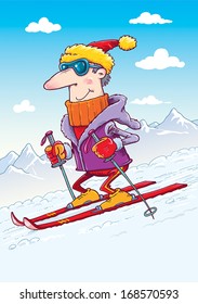 Perky cartoon man skiing in the clouds