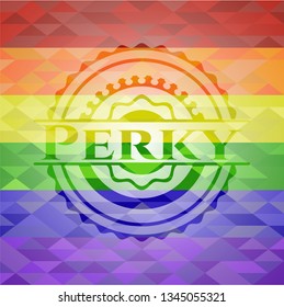 Perky emblem on mosaic background with the colors of the LGBT flag