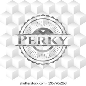 Perky grey emblem. Vintage with geometric cube white background