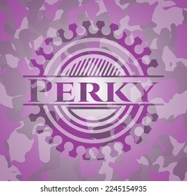 Perky pink and purple camouflage emblem. Vector Illustration. Detailed. 