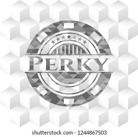Perky realistic grey emblem with geometric cube white background