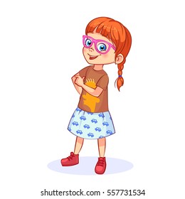 Perky smiling little girll in pink glasses. Children's emotions and poses. Colorful vector illustration  isolated on white background.