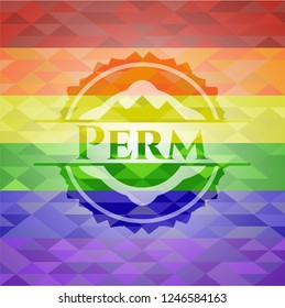 Perm emblem on mosaic background with the colors of the LGBT flag