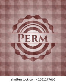 Perm red badge with geometric pattern background. Seamless.