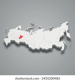 Perm region highlighted in red on a grey Russia 3d map