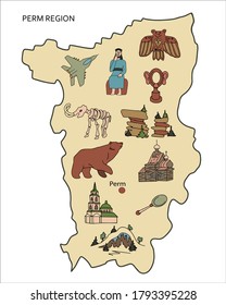 Perm region map for children with sights, attractions in natural colors. Russia. Perm krai symbols bear, salty ears,  mammoth skeleton, spoon, Permian style, kungur ice cave, stone city, gallery. EPS