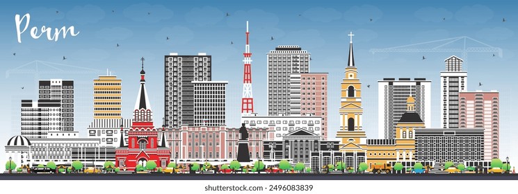 Perm Russia city skyline with color buildings and blue sky. Vector illustration. Perm cityscape with landmarks. Business travel and tourism concept with modern and historic architecture.