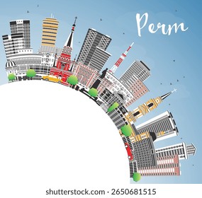 Perm Russia city skyline with color buildings, blue sky and copy space. Vector illustration. Perm cityscape with landmarks. Business travel and tourism concept with modern and historic architecture.