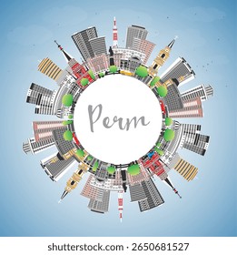 Perm Russia city skyline with color buildings, blue sky and copy space. Vector illustration. Perm cityscape with landmarks. Business travel and tourism concept with modern and historic architecture.
