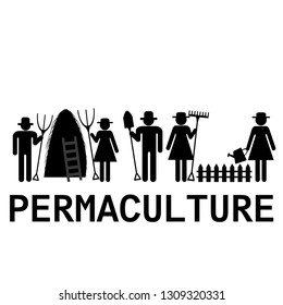 Permaculture concept with farmers using agricultural tools