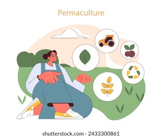 Permaculture concept. Individual demonstrates circular system of sustainable agriculture with icons for recycling, plants, and equipment. svg