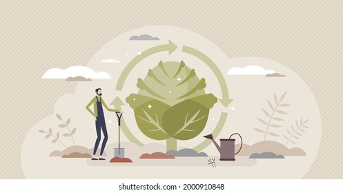 Permaculture farming as sustainable and organic growing tiny person concept. Ecological and nature friendly garden cultivation with recycle or compost soil method vector illustration. Botany lifestyle