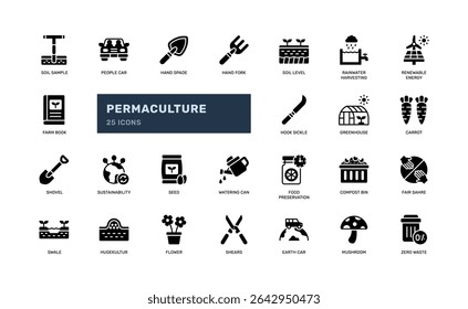 Permaculture glyph icon set featuring sustainable food systems green energy garden tools and eco-friendly visuals ideal for infographic rural development or off grid living materials