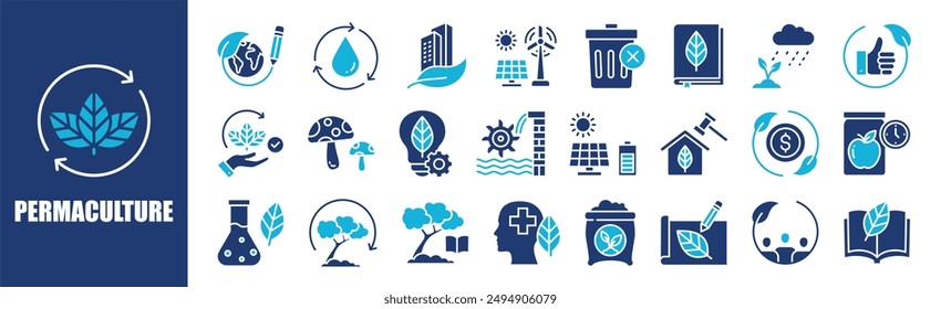 Conjunto de colección de iconos de permacultura. Conteniendo diseño, orgánico, agricultura, permacultura, vegetal, alimentos, agricultura y más. Iconos de vector sólido colección.	