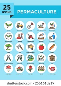 Permaculture icon collection set. Containing design organic, nature, permaculture, agriculture, garden, plant, green