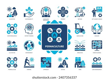 Juego de iconos de permacultura. Ecosistema, Agricultura, Diseño de Asentamientos, Ecología, Ordenación de Tierras, Resiliencia Comunitaria, Recursos Hídricos, Sinergia. Iconos sólidos de color Duotone