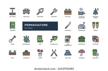 Ícone de permacultura em estilo esboçado preenchido mostrando ferramentas agrícolas sustentáveis conceitos de eco-agricultura e práticas regenerativas adequadas para infográfico ambiental ou educação verde