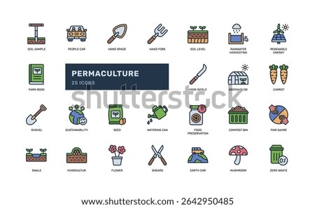Permaculture icon set in outline filled style showing sustainable agriculture tools eco farming concepts and regenerative practices suitable for environmental infographic or green education