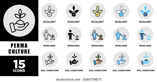 PERMACULTURE icon set with various styles and colors of corporate sustainability performance for investment screening	
