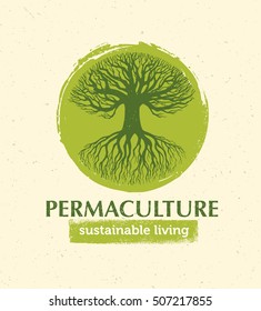 Permaculture Sustainable Living Creative Vector Design Element Concept. Old Tree With Roots Inside Rough Circle On Organic Paper Background