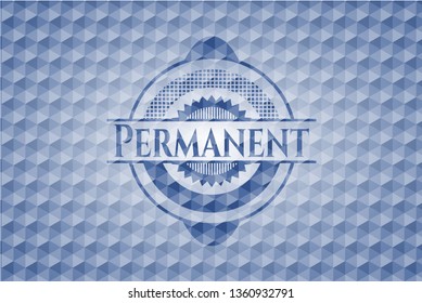 Permanent blue emblem with geometric pattern.